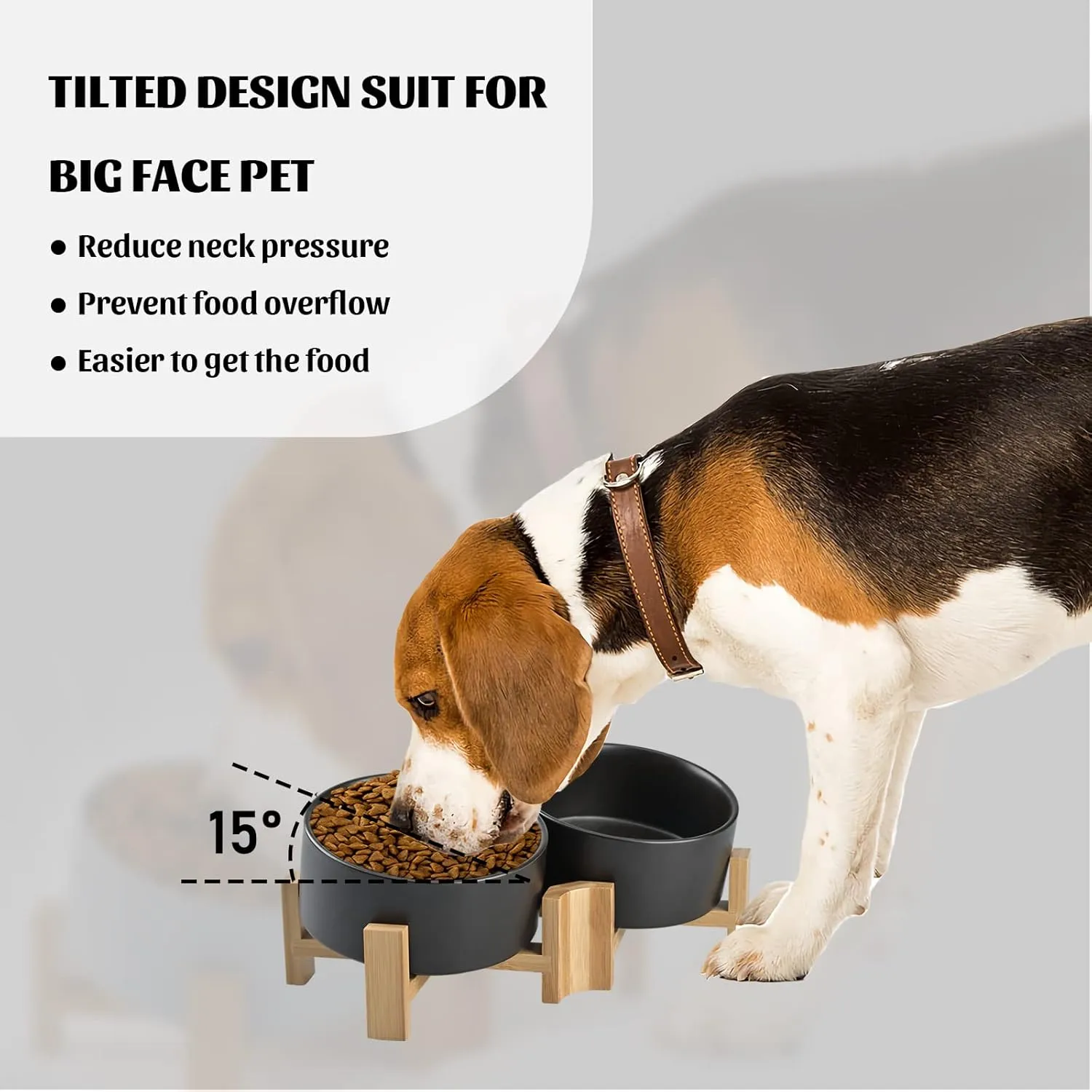 SPUNKYJUNKY 15 Slanted Ceramic Dog and Cat Bowl with Wooden Stand, Tilted Bulldog Food and Water Bowl No Slip Non-Spill for Cats Medium Dogs Big Face Pets 28.7 OZ (3.6 Cups, Black  2)