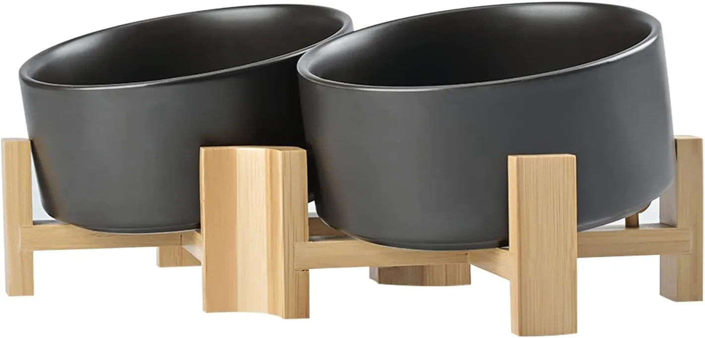 SPUNKYJUNKY 15 Slanted Ceramic Dog and Cat Bowl with Wooden Stand, Tilted Bulldog Food and Water Bowl No Slip Non-Spill for Cats Medium Dogs Big Face Pets 28.7 OZ (3.6 Cups, Black  2)