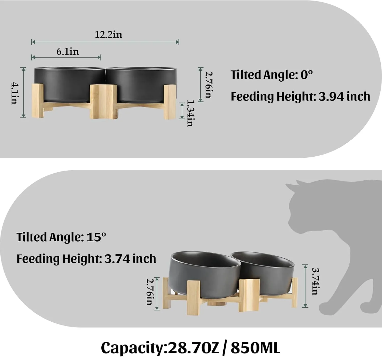 SPUNKYJUNKY 15 Slanted Ceramic Dog and Cat Bowl with Wooden Stand, Tilted Bulldog Food and Water Bowl No Slip Non-Spill for Cats Medium Dogs Big Face Pets 28.7 OZ (3.6 Cups, Black  2)