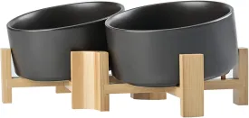 SPUNKYJUNKY 15 Slanted Ceramic Dog and Cat Bowl with Wooden Stand, Tilted Bulldog Food and Water Bowl No Slip Non-Spill for Cats Medium Dogs Big Face Pets 28.7 OZ (3.6 Cups, Black  2)