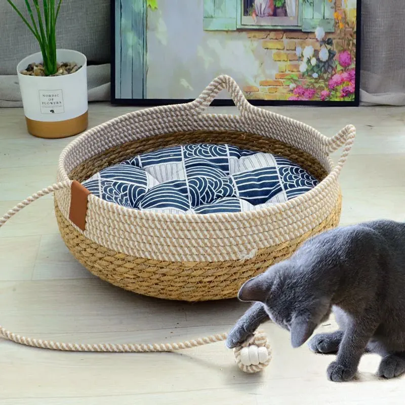 Summer Cat Bed - Woven Removable Upholstery Sleeping House - Cat Scratch Floor Rattan - Wear-resistant Washable Cat Pet Supplies