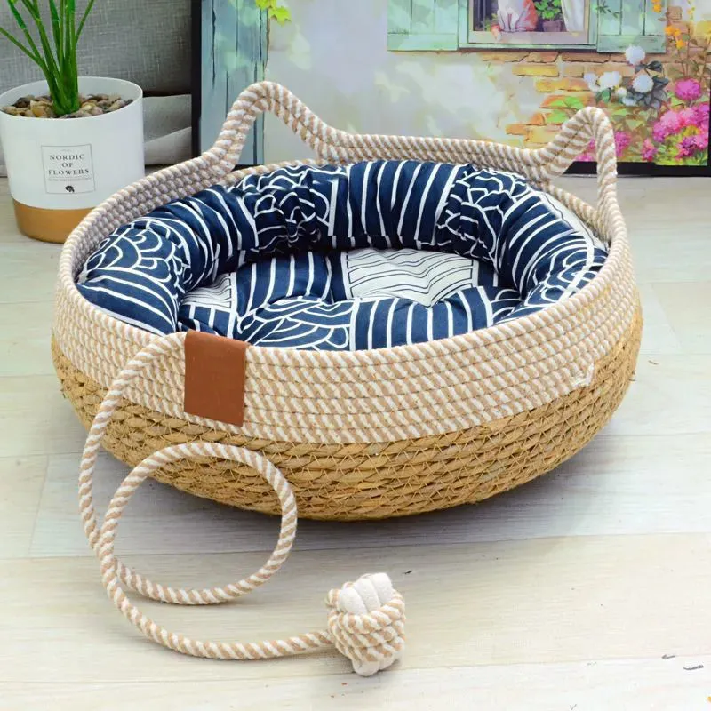 Summer Cat Bed - Woven Removable Upholstery Sleeping House - Cat Scratch Floor Rattan - Wear-resistant Washable Cat Pet Supplies