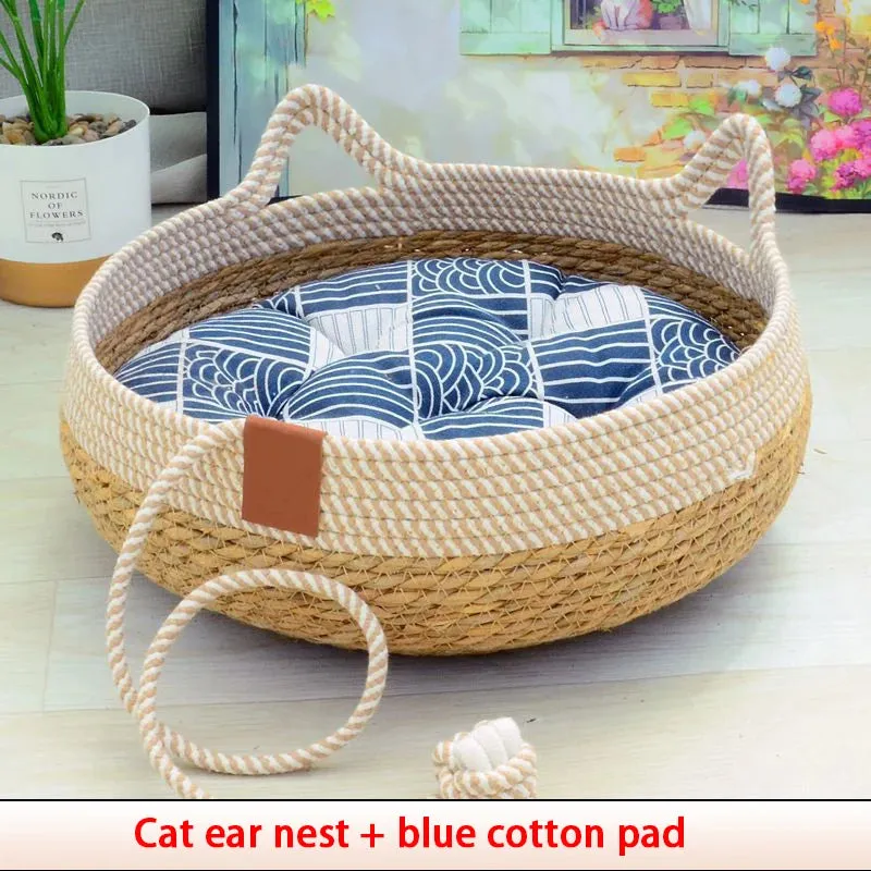 Summer Cat Bed - Woven Removable Upholstery Sleeping House - Cat Scratch Floor Rattan - Wear-resistant Washable Cat Pet Supplies
