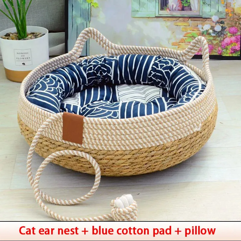 Summer Cat Bed - Woven Removable Upholstery Sleeping House - Cat Scratch Floor Rattan - Wear-resistant Washable Cat Pet Supplies