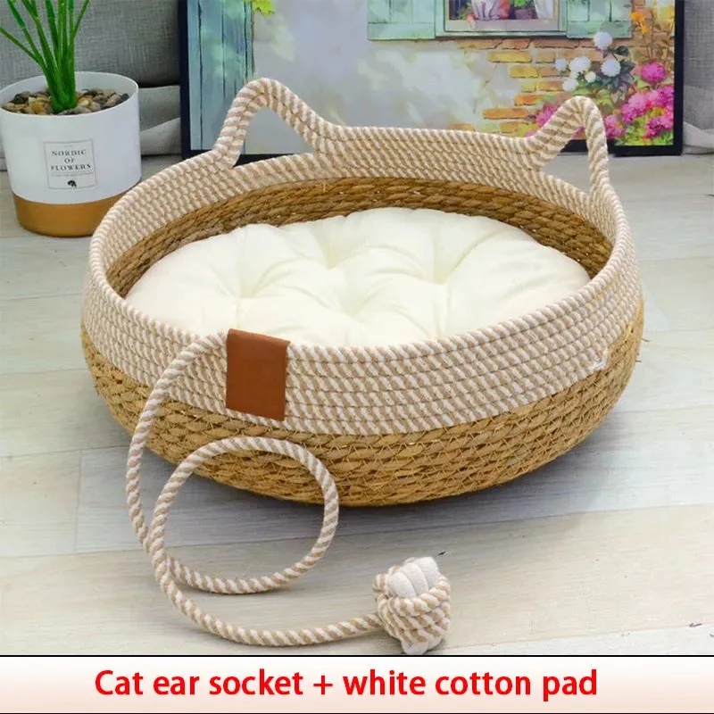 Summer Cat Bed - Woven Removable Upholstery Sleeping House - Cat Scratch Floor Rattan - Wear-resistant Washable Cat Pet Supplies