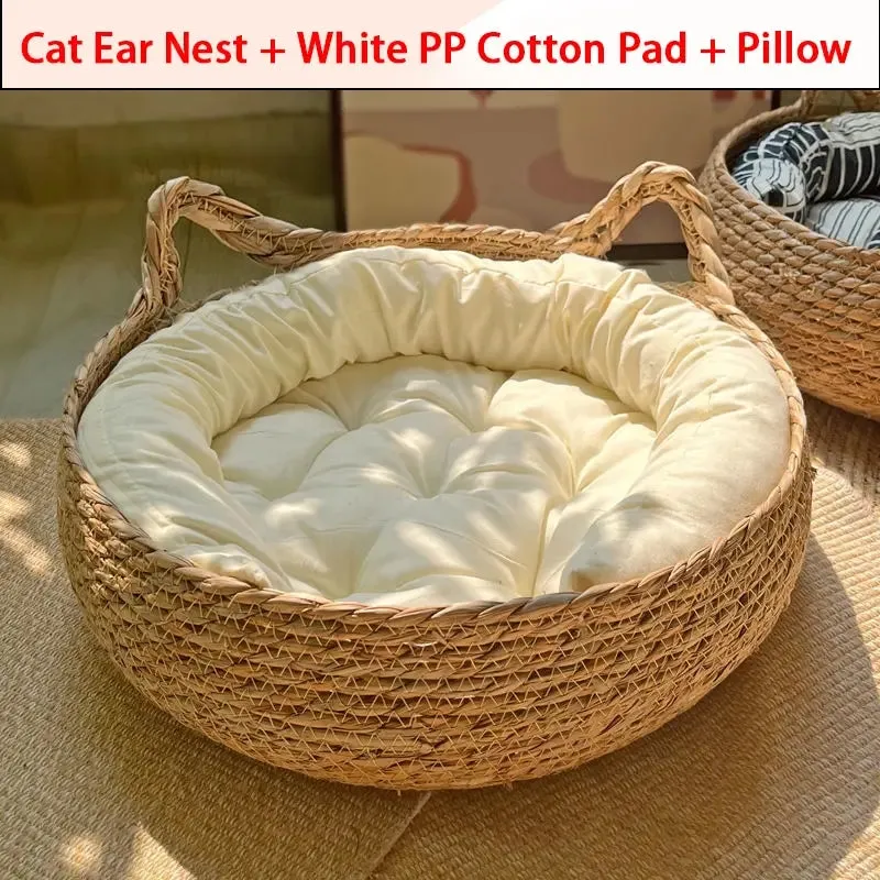 Summer Cat Bed - Woven Removable Upholstery Sleeping House - Cat Scratch Floor Rattan - Wear-resistant Washable Cat Pet Supplies