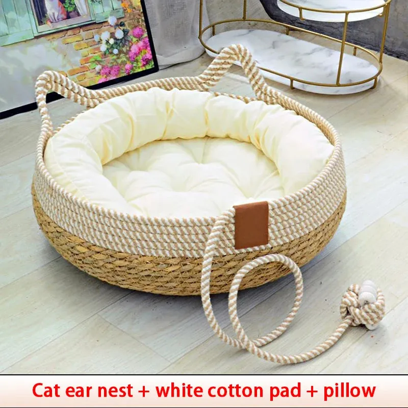 Summer Cat Bed - Woven Removable Upholstery Sleeping House - Cat Scratch Floor Rattan - Wear-resistant Washable Cat Pet Supplies
