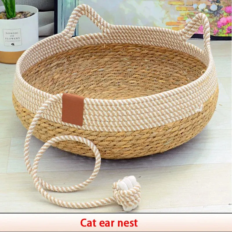 Summer Cat Bed - Woven Removable Upholstery Sleeping House - Cat Scratch Floor Rattan - Wear-resistant Washable Cat Pet Supplies