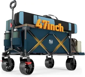 TIMBER RIDGE 47" L Collapsible Wagon with Tailgate & Brake, 300lbs Heavy Duty Beach Wagon with All-Terrain Big Wheels, 250L Foldable Utility Cart for Sand Camping Sports Shopping, Blue