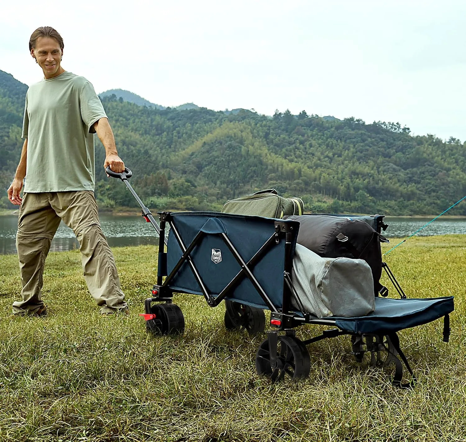 TIMBER RIDGE 47" L Collapsible Wagon with Tailgate & Brake, 300lbs Heavy Duty Beach Wagon with All-Terrain Big Wheels, 250L Foldable Utility Cart for Sand Camping Sports Shopping, Blue