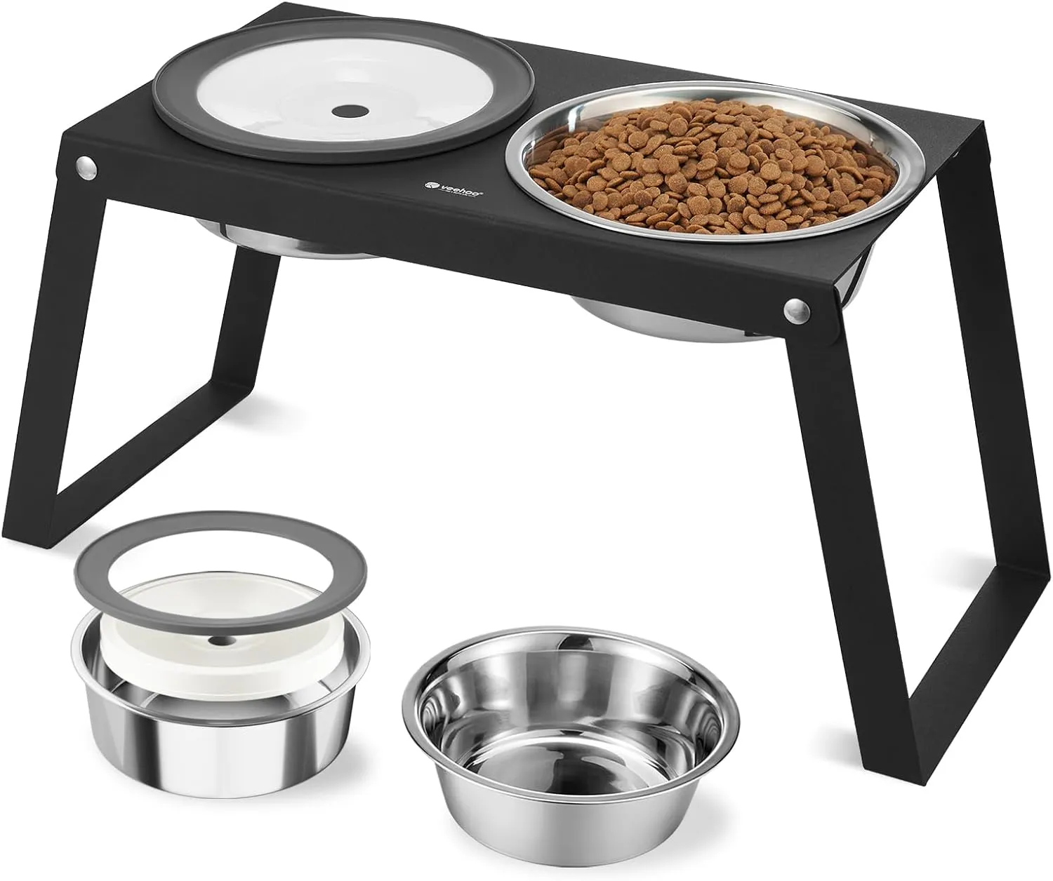 Veehoo Metal Raised Dog Bowl Stand with No Spill Water Bowl for Dogs and 304 Stainless Steel Food Bowls, 10.2" Tall Elevated Dog Feeding Station